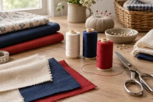 Neutral and colored thread spools beside cotton sewing fabrics