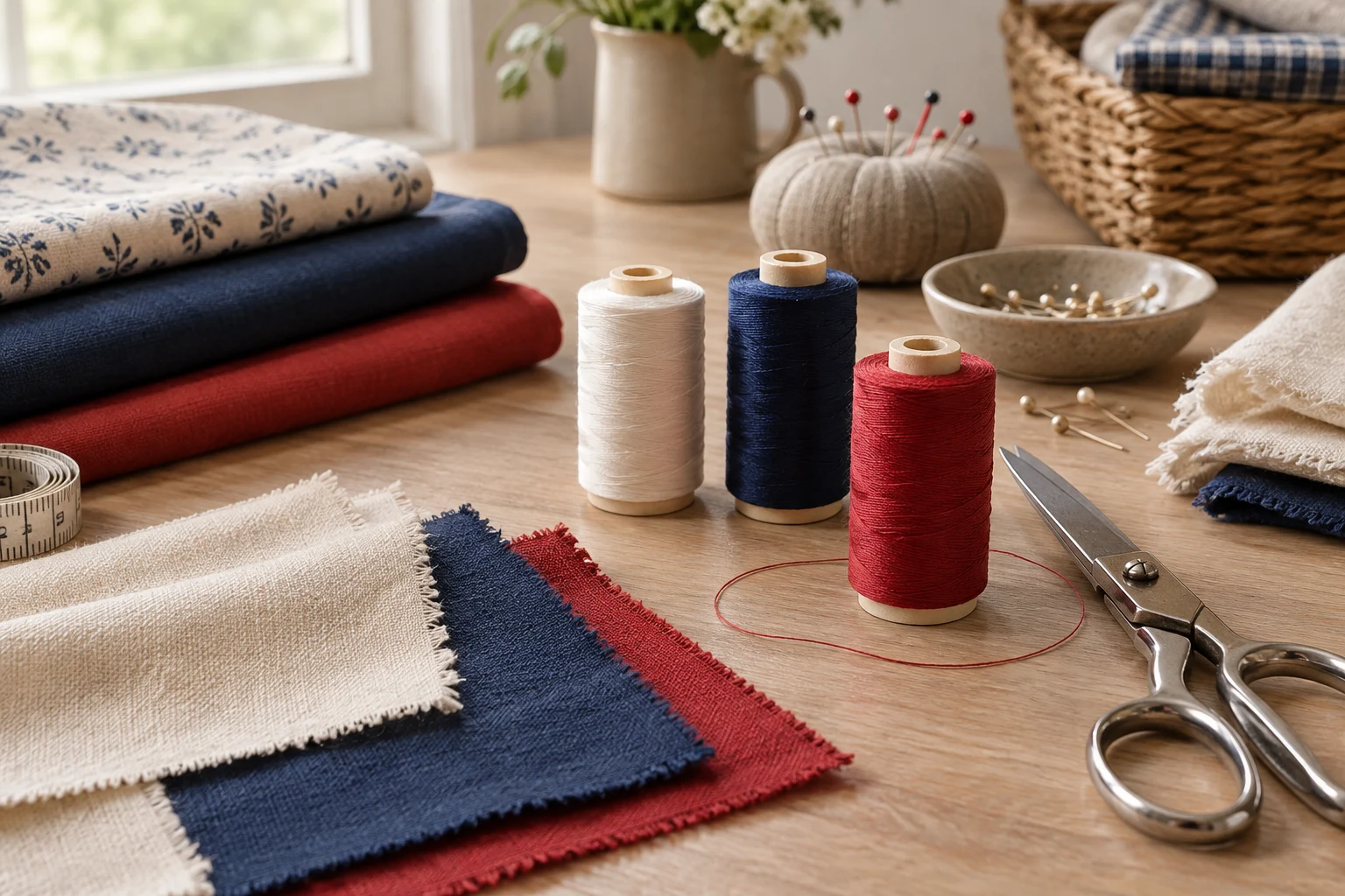 Neutral and colored thread spools beside cotton sewing fabrics