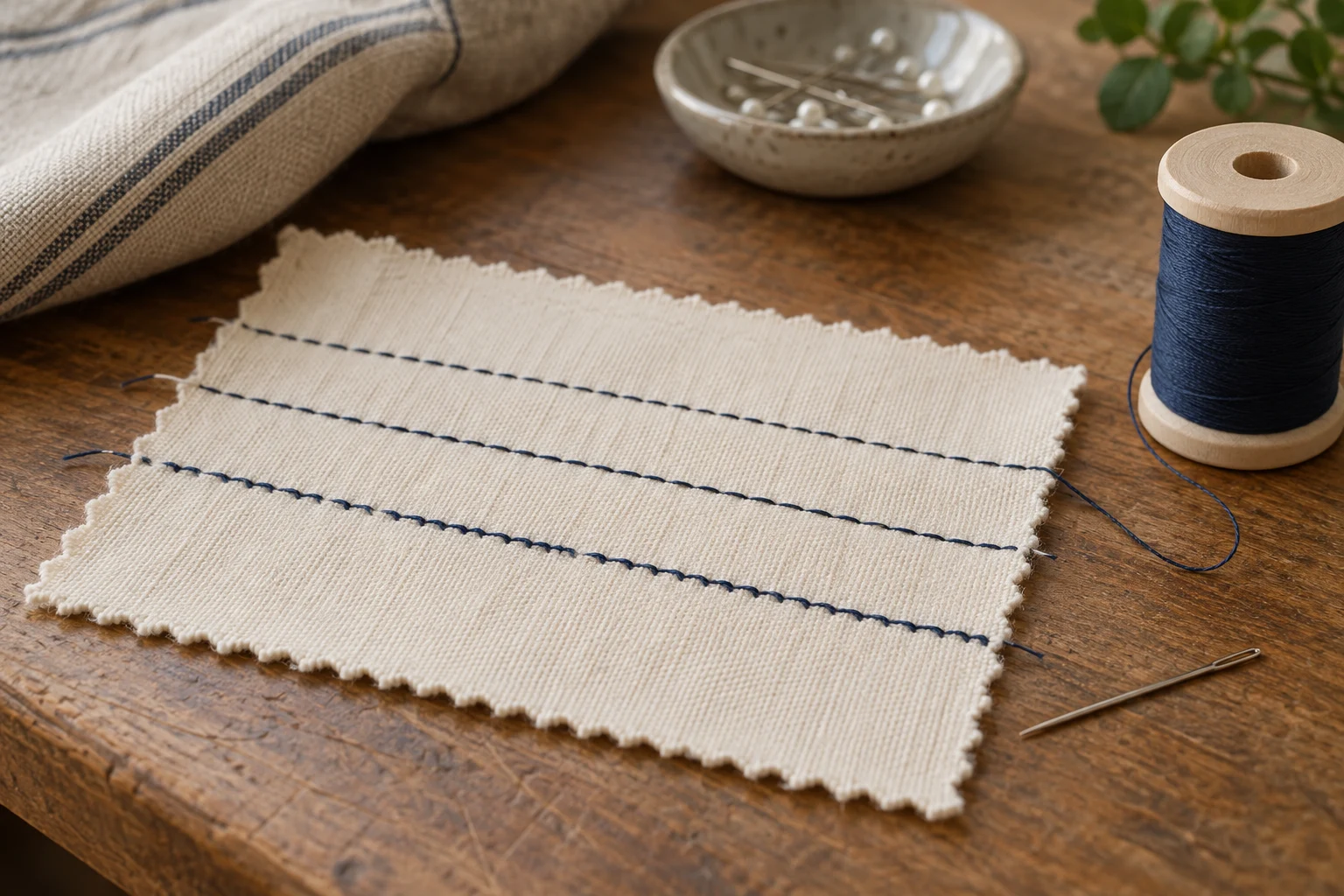 Three sample seams stitched on cream fabric