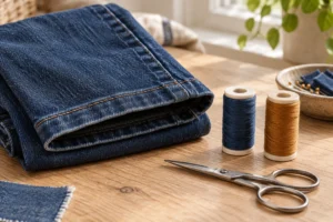 Folded blue jeans with blue and golden thread spools