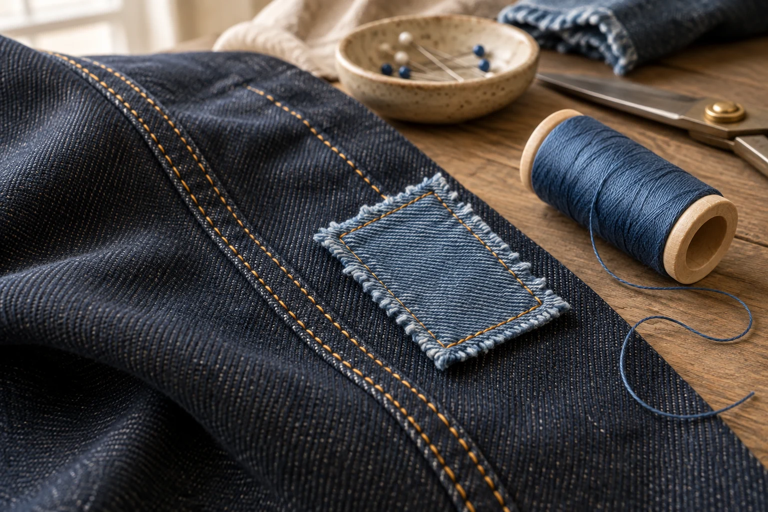 Denim repair patch and contrasting rows of stitching