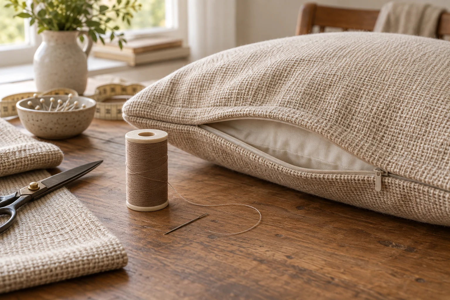 Oatmeal cushion seam with a spool of neutral thread