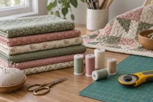 Sage, rose and cream cotton fabrics arranged with thread and a rotary cutter