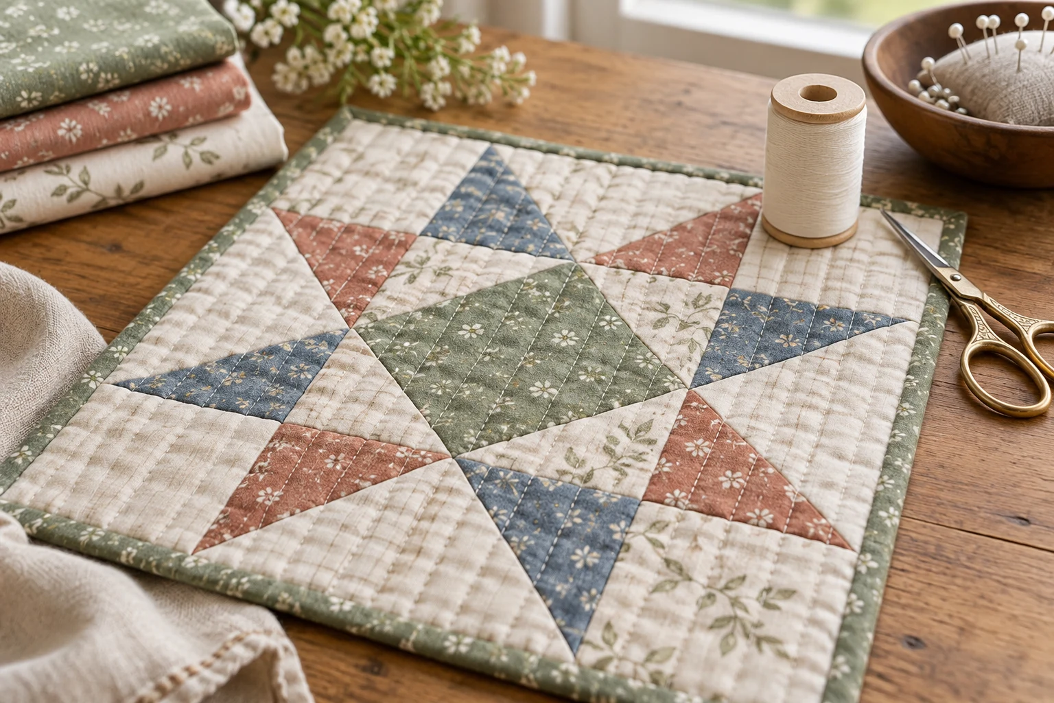 Small patchwork quilt with simple stitched squares