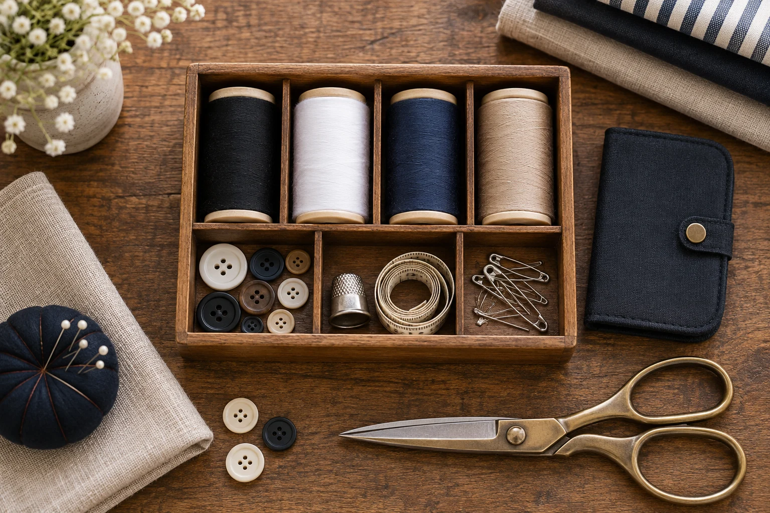 An organized sewing tray with thread, scissors and measuring tape