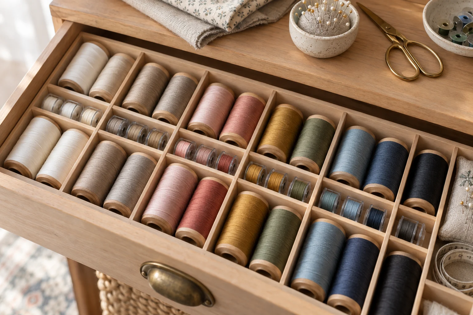 Thread spools and bobbins neatly stored in a divided drawer